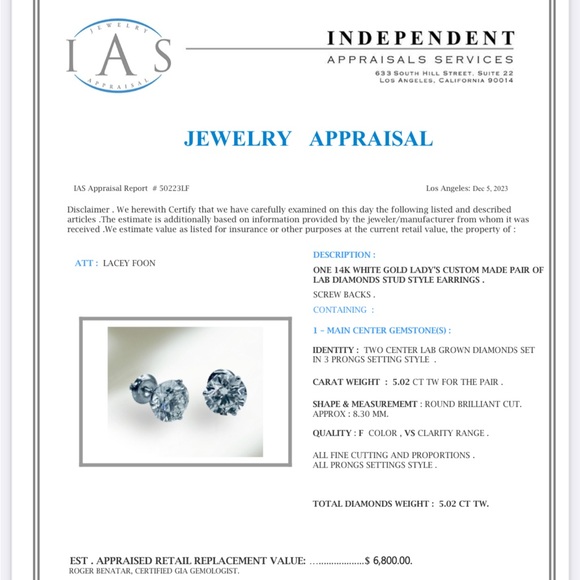 Stunning 5.02 Carat CTW Lab Diamond Studs Martini Set 14k WG F VS - Picture 5 of 6